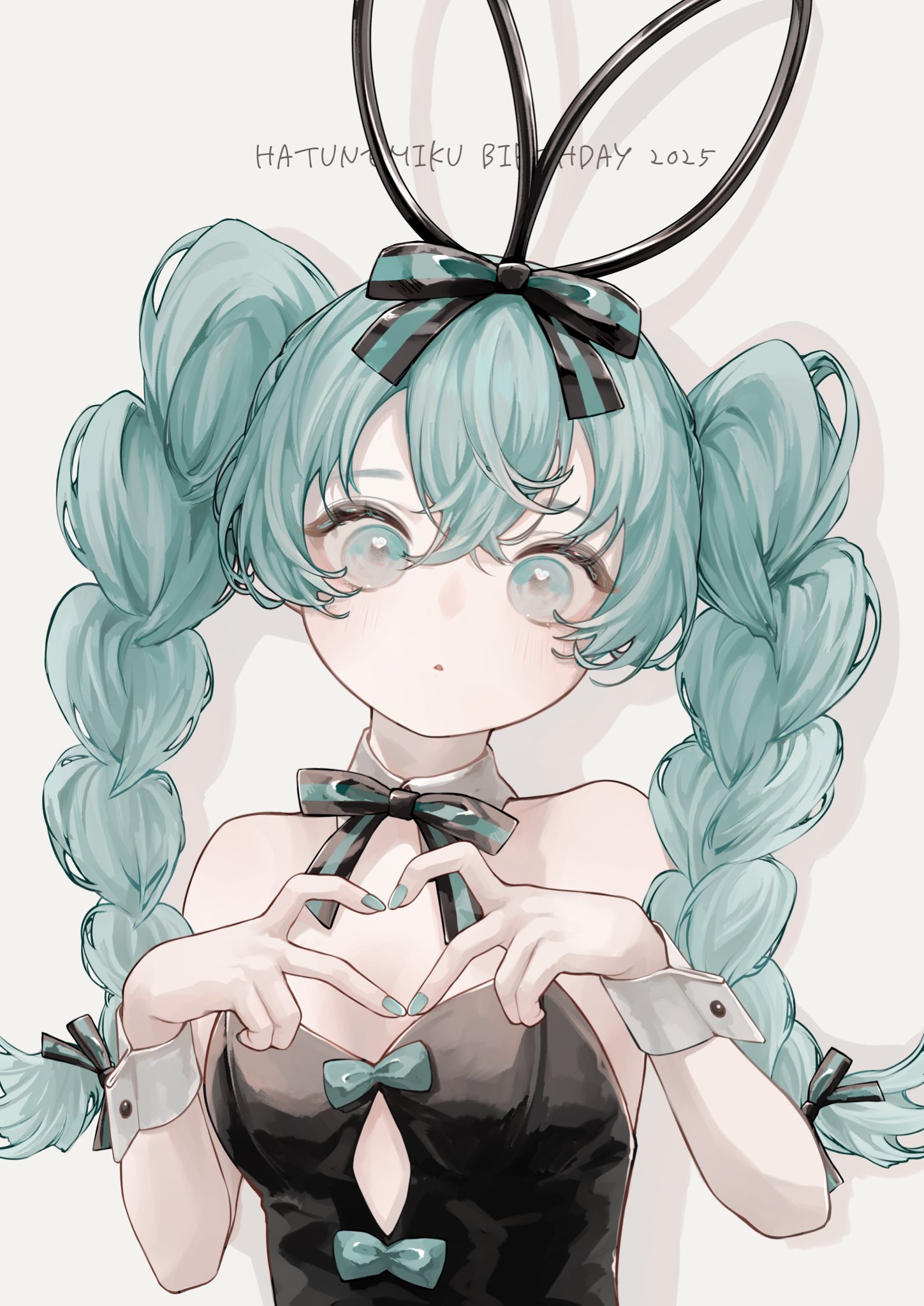 shiiro illust, bicute bunnies miku, bicute bunnies miku (rurudo), hatsune miku, vocaloid, highres, 1girl, animal ears, aqua eyes, aqua hair, aqua nails, bare shoulders, black bow, black leotard, black ribbon, bow, braid, breasts, detached collar, fake animal ears, hair between eyes, hair bow, heart, heart hands, leotard, long hair, looking at viewer, nail polish, parted lips, playboy bunny, rabbit ears, ribbon, simple background, solo, strapless, twin braids, twintails, upper body, white background, wrist cuffs