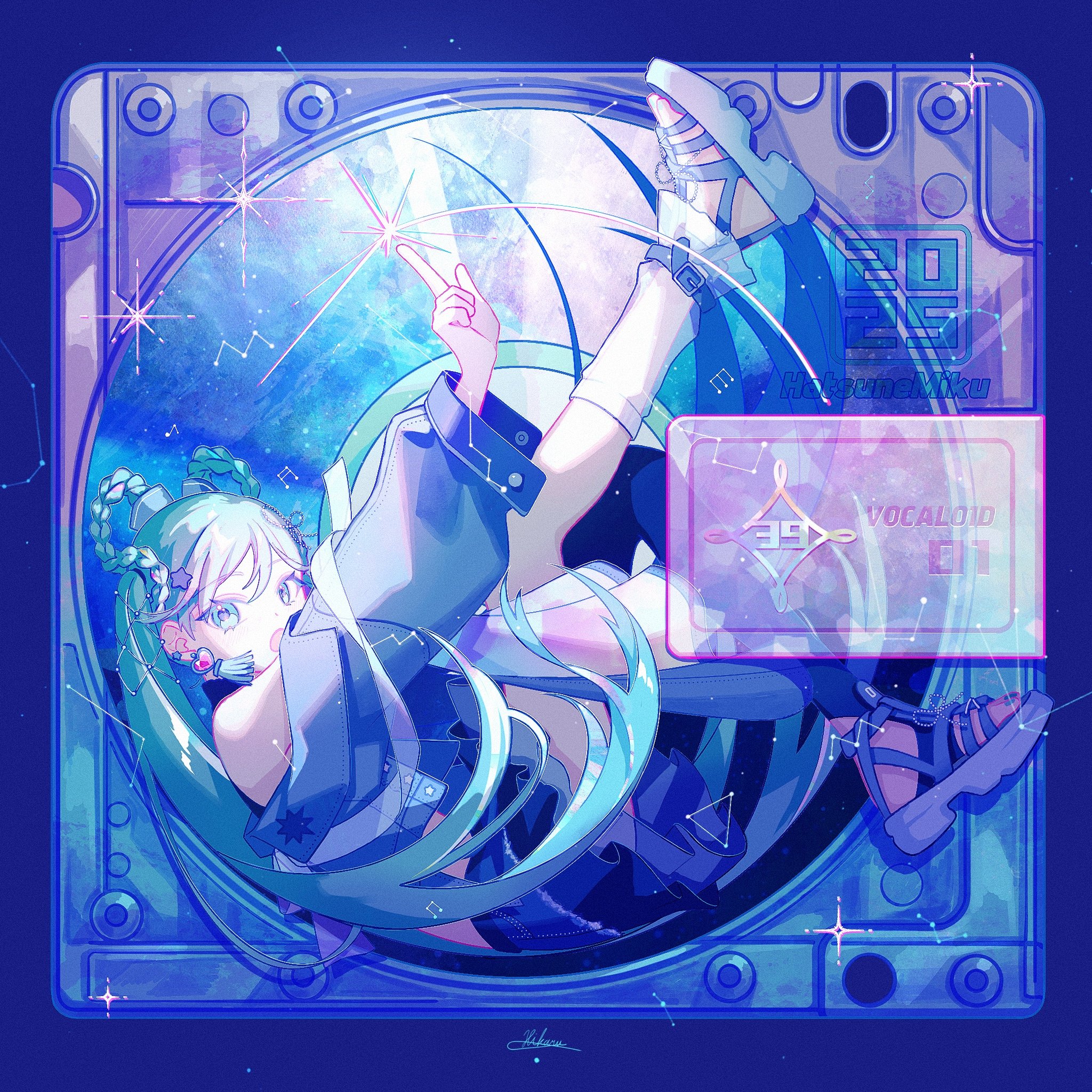 fantasia sora, hatsune miku, magical mirai miku, magical mirai miku (2025), magical mirai (vocaloid), vocaloid, commentary, highres, 1girl, 39, 2025, :o, aqua eyes, aqua hair, arm up, armpit crease, artist name, asymmetrical legwear, bare shoulders, black skirt, black thighhighs, blue background, blue jacket, blue sandals, braid, character name, constellation, constellation request, copyright name, cropped jacket, ear piercing, earrings, from side, full body, hair ornament, heart, heart earrings, index finger raised, jacket, jewelry, knee up, layered skirt, leg up, leg warmers, long hair, long sleeves, looking at viewer, looking to the side, lying, midriff, miniskirt, mismatched legwear, off shoulder, on back, open mouth, piercing, pleated skirt, puffy long sleeves, puffy sleeves, raised eyebrows, ribbon, sandals, see-through skirt layer, shooting star, sideways glance, signature, single leg warmer, single thighhigh, skirt, sleeveless, solo, star (sky), star (symbol), star hair ornament, starry sky background, stirrup legwear, tassel, tassel earrings, thighhighs, toeless legwear, turning head, twin braids, twintails, uneven legwear, very long hair, white leg warmers, white ribbon