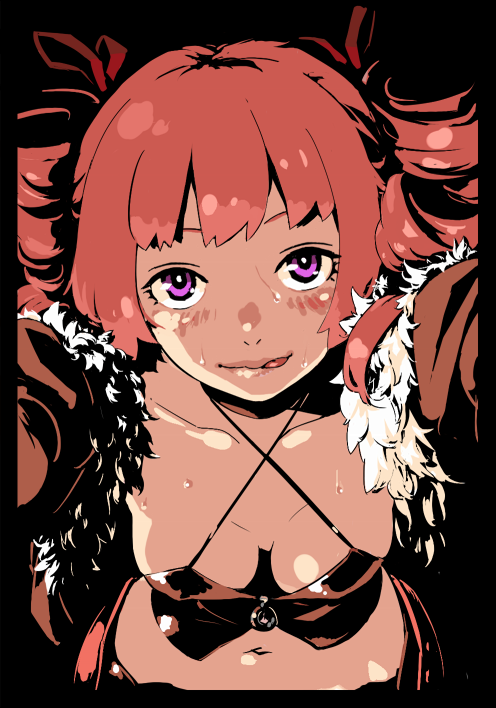 enkyo yuuichirou, dark hunter, dark hunter (sekaiju), dark hunter 4, atlus, etrian odyssey, 1girl, :q, blush, breasts, drill hair, female focus, foreshortening, lips, purple eyes, red hair, smile, solo, tongue, tongue out
