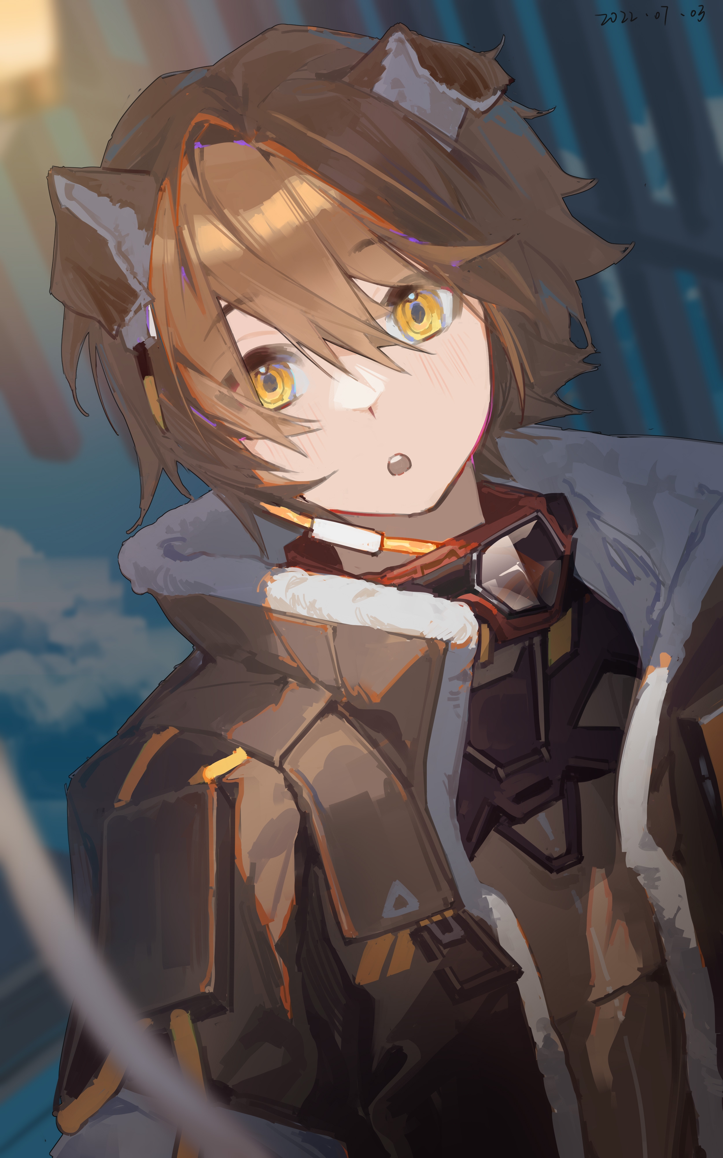 yumingtongxue, greyy (arknights), greyy the lightningbearer (arknights), arknights, absurdres, highres, 1boy, :o, animal ears, brown hair, brown jacket, collar, collared coat, collared jacket, dog boy, dog ears, goggles, goggles around neck, jacket, male focus, short hair, teeth, upper teeth only, yellow eyes