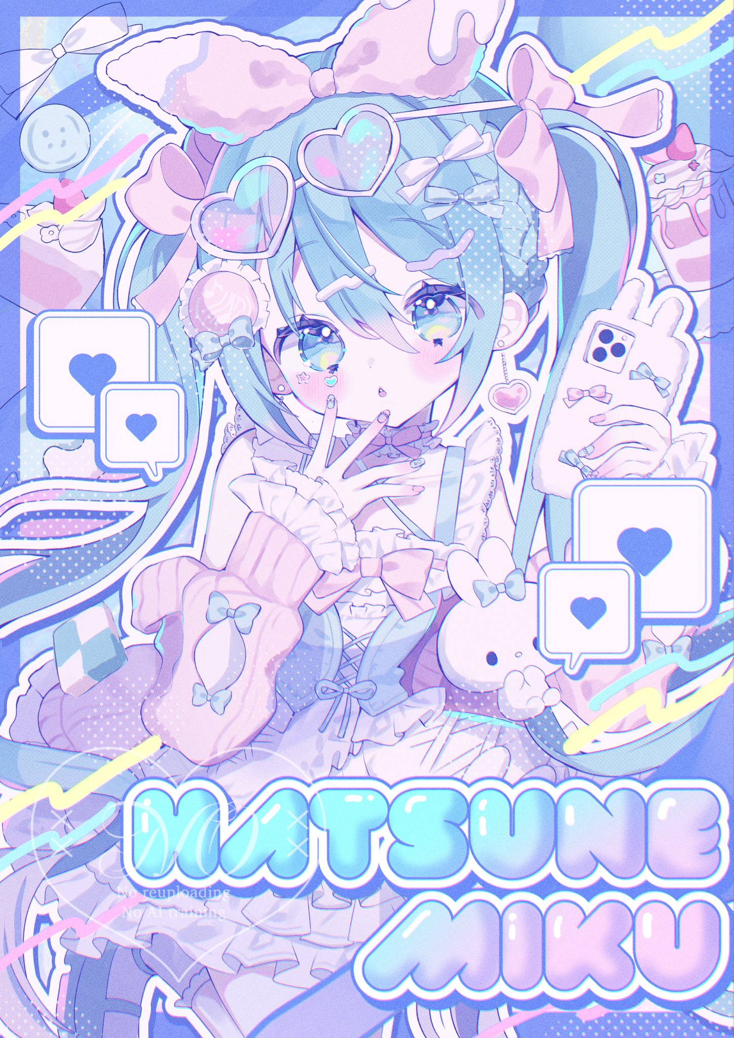 sango (35sangosan), hatsune miku, vocaloid, highres, 1girl, blue eyes, blue hair, blush, bow, cellphone, character name, cupcake, dress, eyewear on head, food, frills, hair between eyes, hair bow, hair ornament, heart, heart-shaped eyewear, holding, holding phone, long hair, looking at viewer, open mouth, pastel colors, phone, pink bow, pink nails, smartphone, solo, spoken heart, stuffed toy, sunglasses, twintails