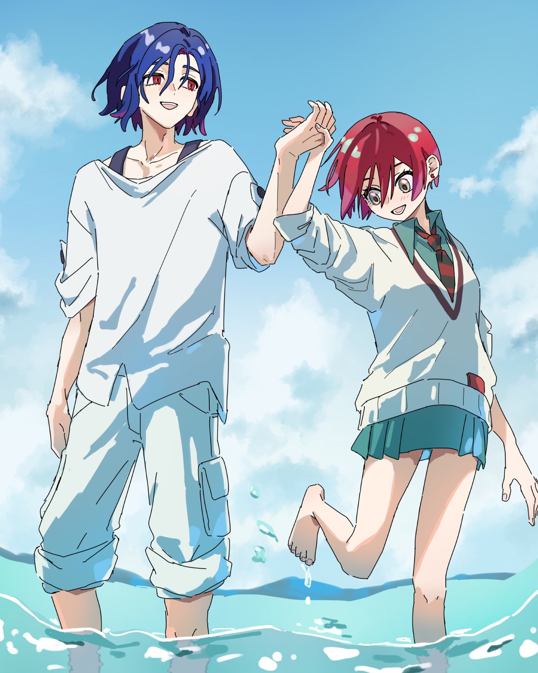 o6nuqm, amate yuzuriha, shuji ito, gundam, gundam gquuuuuux, highres, 1boy, 1girl, :d, aqua eyes, aqua skirt, bare legs, barefoot, black necktie, blue hair, blue sky, cardigan, cloud, collared shirt, colored inner hair, crescent, crescent earrings, diagonal-striped clothes, diagonal-striped necktie, earrings, holding hands, jewelry, lower teeth only, multicolored eyes, multicolored hair, necktie, open mouth, pants, pants rolled up, pleated skirt, red eyes, red hair, red necktie, school uniform, shirt, skirt, sky, sleeves rolled up, smile, standing, standing on one leg, striped clothes, sweater, teeth, two-tone eyes, two-tone hair, upper teeth only, water, water drop, white cardigan, white pants, white shirt, white sweater