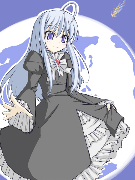 nin (raven28), sk (artist), anzelotte, night wizard, silver hair, bad id, bad pixiv id, 00s, 1girl, ahoge, brooch, cowboy shot, female focus, frills, gem, jewelry, long hair, long sleeves, purple eyes, solo, spread fingers, standing, very long hair