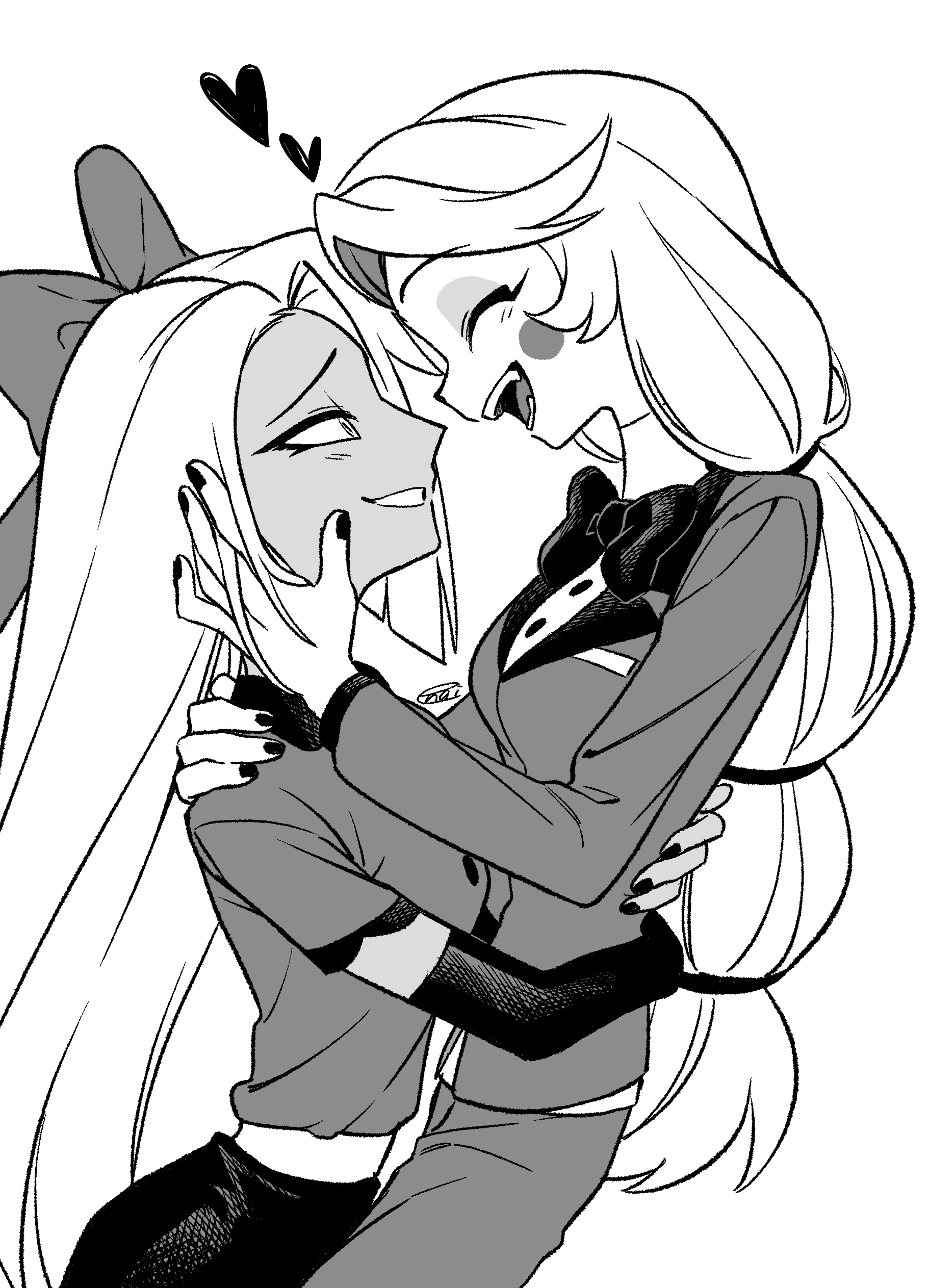 menma (enaic31), charlie morningstar, vaggie, hazbin hotel, hellaverse, absurdres, commentary request, highres, 2girls, :d, belt, bow, bowtie, breasts, circle facial mark, cowboy shot, elbow gloves, face-to-face, facing another, from side, gloves, greyscale, grin, hair bow, hand on another's cheek, hand on another's face, hand on another's shoulder, hands on another's back, happy, hatching (texture), heart, hug, jacket, lapels, long hair, long sleeves, looking at another, low-tied long hair, monochrome, multiple girls, nail polish, notched lapels, open mouth, pants, profile, shirt, shirt tucked in, short sleeves, signature, simple background, skirt, small breasts, smile, swept bangs, teeth, tongue, traditional bowtie, very long hair, white background, yuri