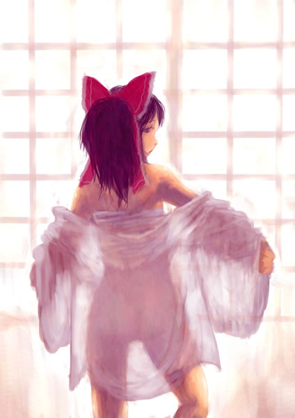 hayapi, hakurei reimu, touhou, 1girl, backlighting, female focus, sarashi, see-through clothes, solo, undressing