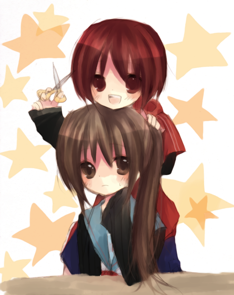 kyon, kyon no imouto, kyonko, kyonko's brother, suzumiya haruhi no yuuutsu, 00s, 1boy, 1girl, brother and sister, genderswap, genderswap (ftm), genderswap (mtf), ponytail, scissors, siblings
