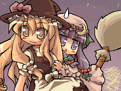 herada mitsuru, kirisame marisa, patchouli knowledge, touhou, lowres, 2girls, female focus, hat, mob cap, multiple girls, oekaki