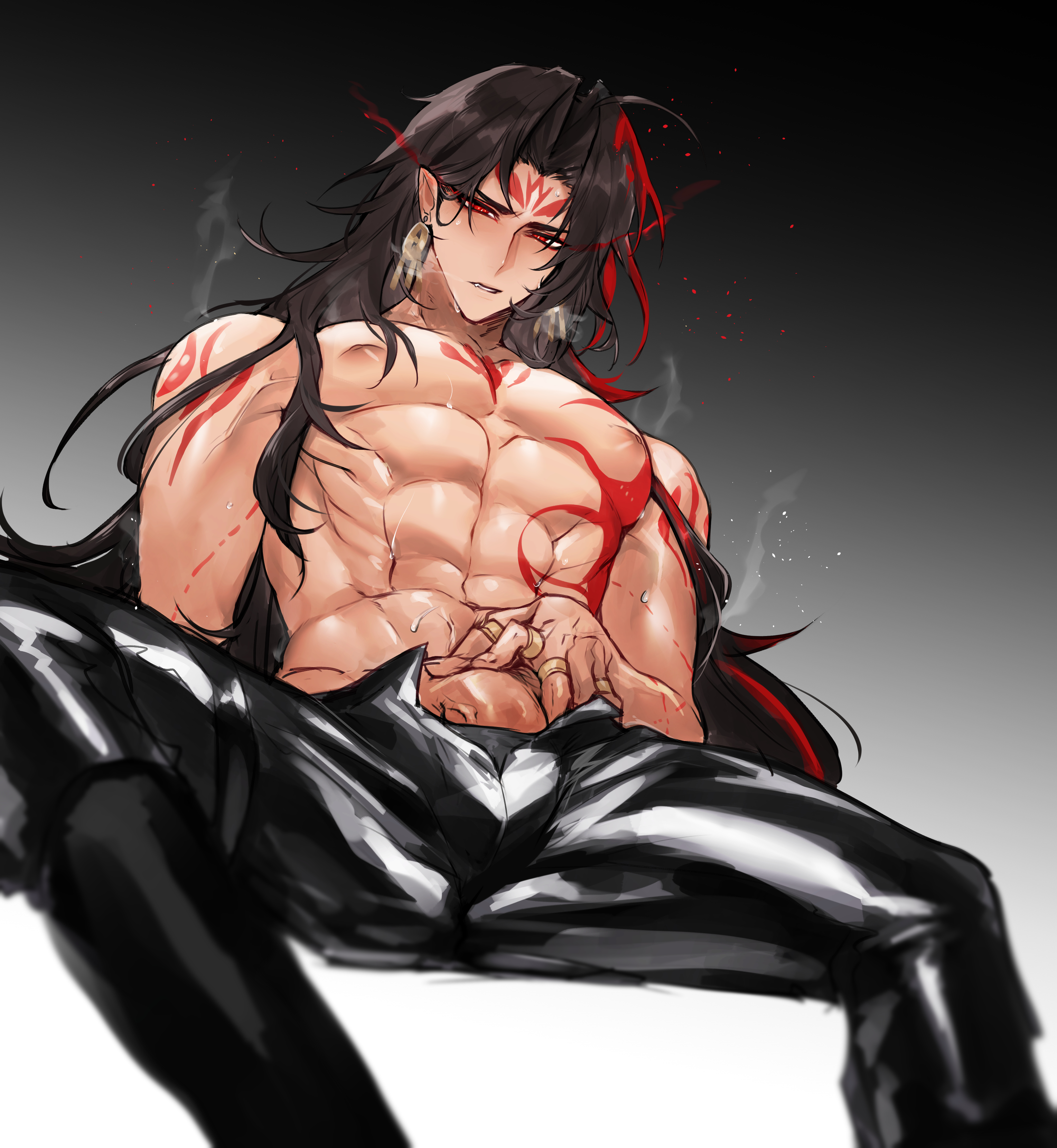 konsai 2, asura (onmyoji), onmyoji, absurdres, highres, 1boy, abs, alternate skin color, arm tattoo, black hair, black pants, chest tattoo, dark-skinned male, dark skin, facial mark, from below, half-erect, hot, jewelry, long hair, male focus, multicolored hair, multiple rings, muscular, muscular male, navel, nipples, pants, pectorals, penis, red eyes, red hair, ring, solo, spread legs, steam, streaked hair, sweat, tattoo, topless male, two-tone hair, uncensored, veins, veiny penis