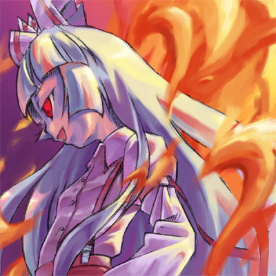 nyagakiya, fujiwara no mokou, touhou, lowres, 1girl, :d, blunt bangs, buckle, evil smile, female focus, fire, from side, long sleeves, open mouth, pants, profile, smile, solo, suspenders, upper body