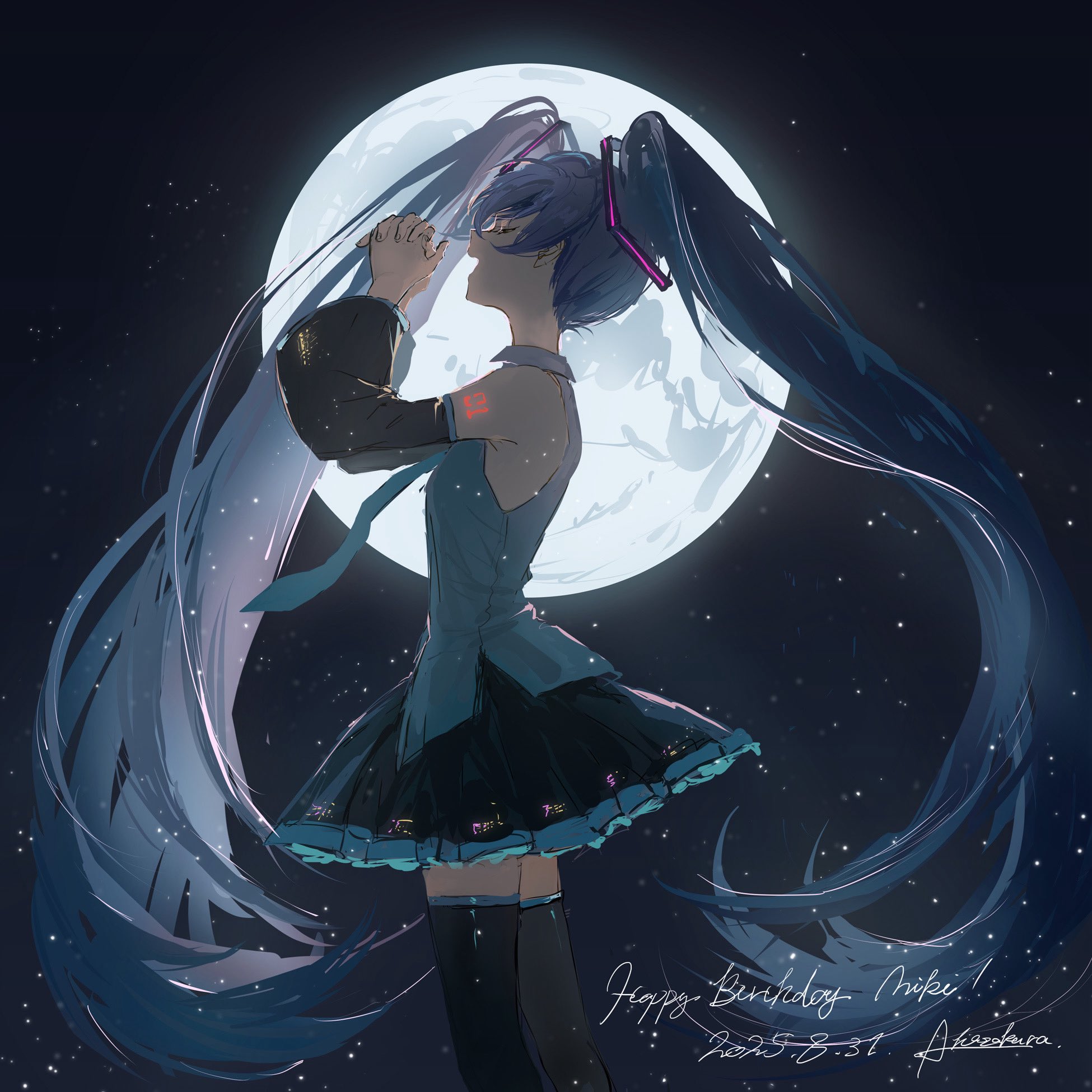 akizakura (mns), hatsune miku, vocaloid, highres, 1girl, backlighting, bare shoulders, black skirt, black sleeves, black thighhighs, blue hair, blue necktie, character name, closed eyes, collared shirt, dated, detached sleeves, from side, full moon, grey shirt, hair ornament, happy birthday, long hair, moon, moonlight, necktie, night, night sky, number tattoo, own hands clasped, own hands together, pleated skirt, praying, profile, shirt, shoulder tattoo, skirt, sky, sleeveless, sleeveless shirt, solo, standing, star (sky), tattoo, thighhighs, twintails, very long hair, zettai ryouiki