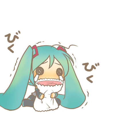 y ojisan, hatsune miku, vocaloid, lowres, 1girl, aqua hair, female focus, long hair, pillow, solo, tears, trembling, twintails, very long hair