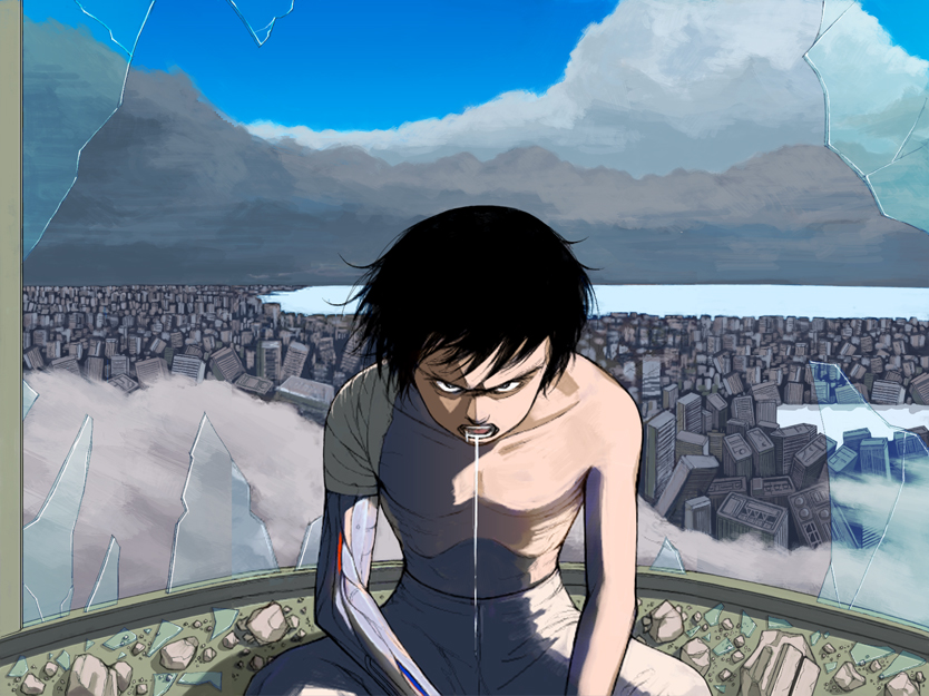 dainana fuhyoushidan, shima tetsuo, akira (manga), 1980s (style), 1boy, bandages, black hair, broken glass, city, forehead, glass, male focus, oldschool, prosthesis, retro artstyle, saliva, solo
