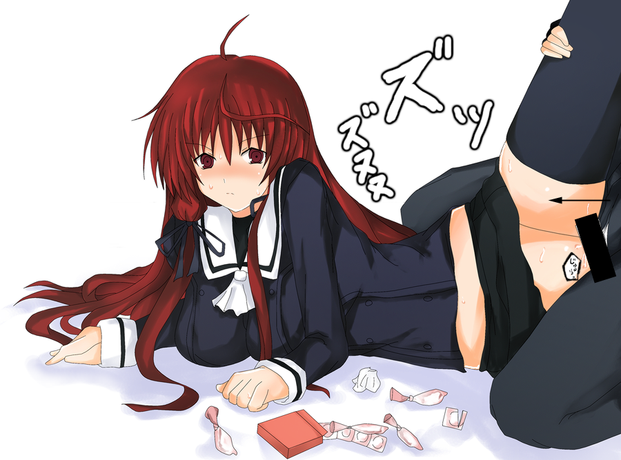usugiri bacon, himuro akari, night wizard, bad id, bad pixiv id, 00s, 1girl, ahoge, black thighhighs, blush, censored, clothed sex, clothes lift, condom, condom wrapper, cum, leg lift, lying, on side, red eyes, red hair, sex, sideways missionary, skirt, skirt lift, solo focus, thighhighs, used condom, used tissue, vaginal