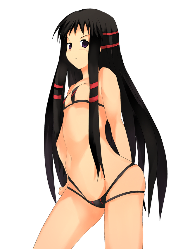 usugiri bacon, jakuri (ar tonelico), ar tonelico, ar tonelico ii, gust, bad id, bad pixiv id, 00s, 1girl, angry, arm behind back, bikini, black bikini, black hair, breasts, cowboy shot, female focus, flat chest, frown, groin, hair ribbon, long hair, looking at viewer, lowleg, lowleg bikini, navel, purple eyes, ribbon, sideboob, simple background, skindentation, small breasts, solo, standing, string bikini, swimsuit, tress ribbon, very long hair, white background, wide hips