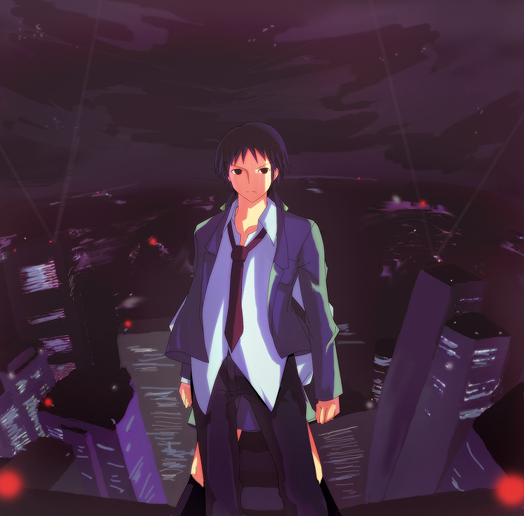 usugiri bacon, asakura ryoko, kyon, suzumiya haruhi no yuuutsu, bad id, bad pixiv id, 00s, 1boy, 1girl, cityscape