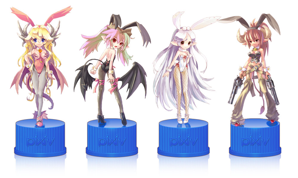 katahira masashi, animal ears, demon girl, fake animal ears, gun, handgun, heel up, leg wings, leotard, long hair, low wings, pantyhose, playboy bunny, pointy ears, rabbit ears, revolver, standing, tail, very long hair, weapon, wings