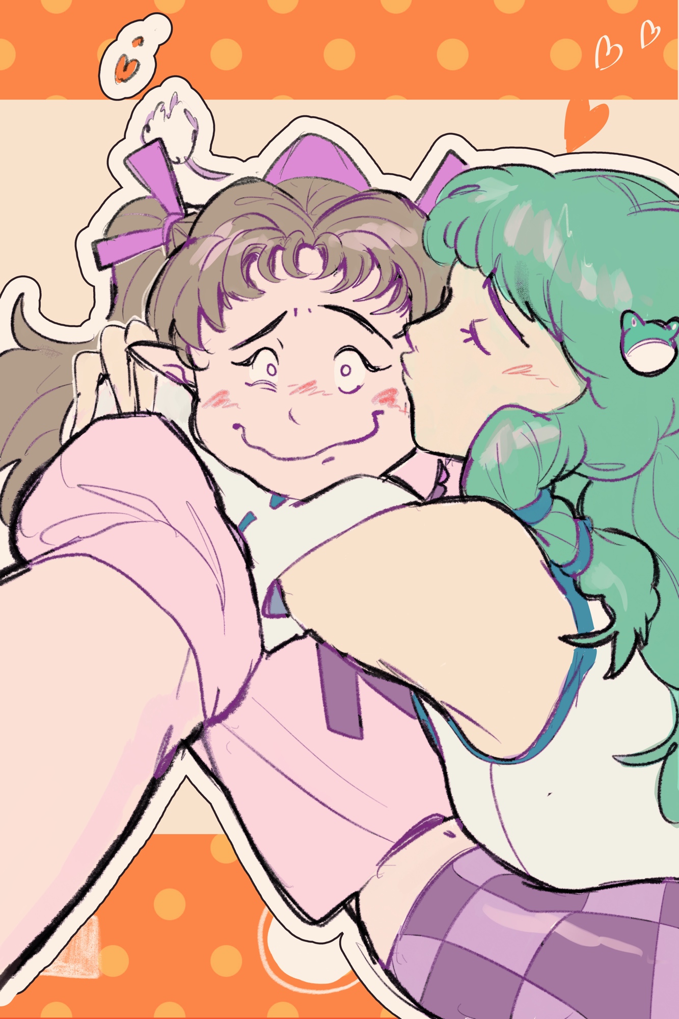 molly yancey, himekaidou hatate, kochiya sanae, touhou, highres, 2girls, blush, detached sleeves, frog hair ornament, green hair, hair ornament, hat, heart, hug, kiss, multiple girls, pink shirt, purple hat, shirt, smile, yuri