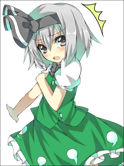 shingetsu takehito, konpaku youmu, touhou, silver hair, 1girl, ^^^, blush, border, female focus, frown, grey eyes, hairband, outstretched arm, short hair, simple background, solo, tears