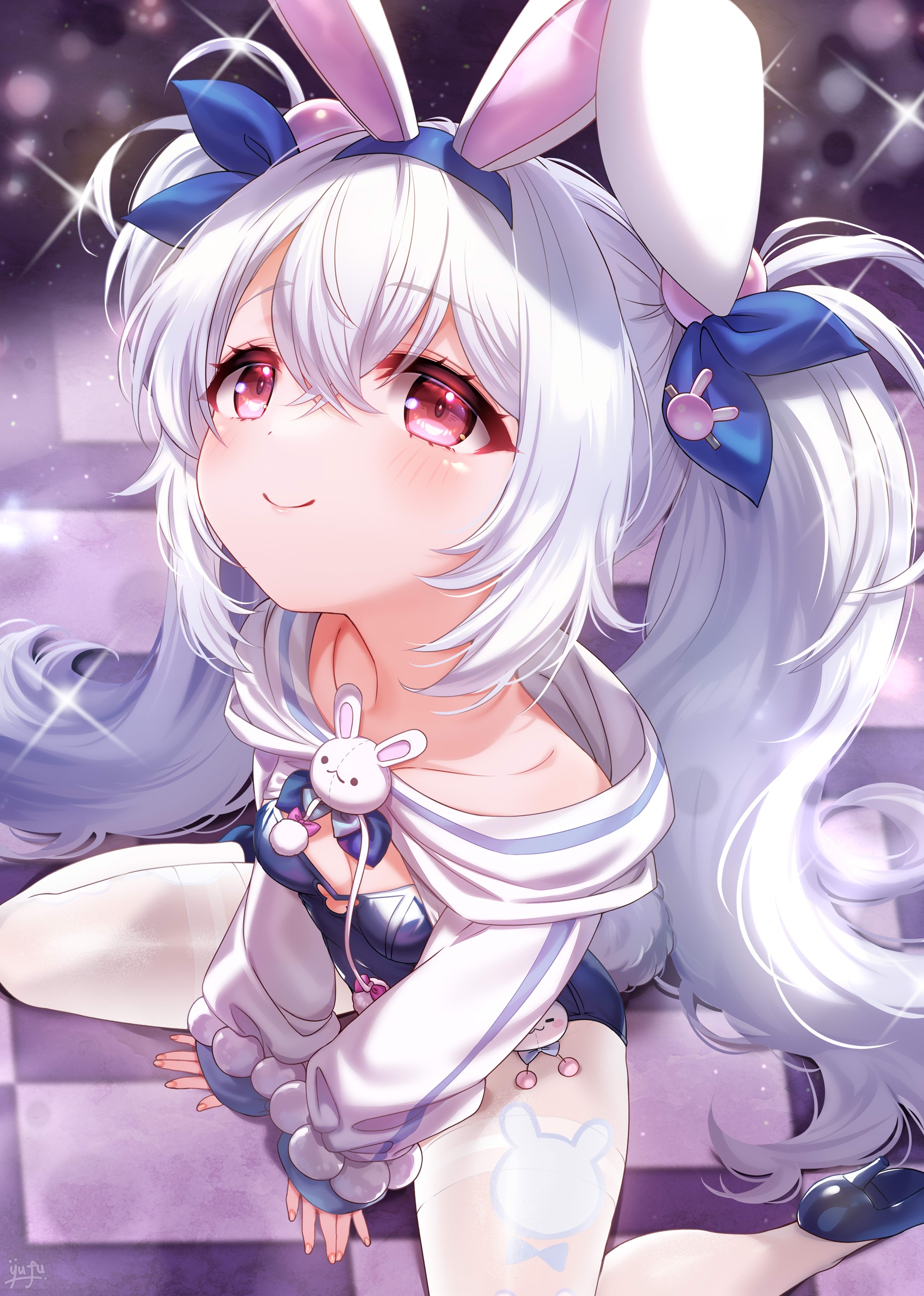 yufukiri, laffey (azur lane), azur lane, absurdres, highres, 1girl, animal ears, breasts, hair ornament, leotard, pantyhose, playboy bunny, small breasts, smile, twintails, white hair, white pantyhose