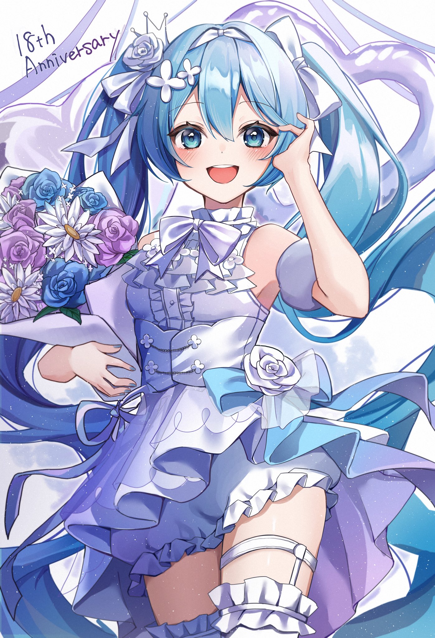 noneon319, hatsune miku, vocaloid, commentary request, highres, 1girl, :d, anniversary, bare shoulders, bloomers, blue eyes, blue flower, blue hair, blue rose, blush, bouquet, bow, bowtie, center frills, cowboy shot, dress, flower, frills, hair between eyes, hair bow, hair flower, hair ornament, hand up, happy birthday, holding, holding bouquet, long hair, looking at viewer, open mouth, purple flower, rose, sleeveless, sleeveless dress, smile, solo, teeth, thighhighs, twintails, underwear, upper teeth only, very long hair, white background, white bow, white dress, white flower, white rose, white thighhighs