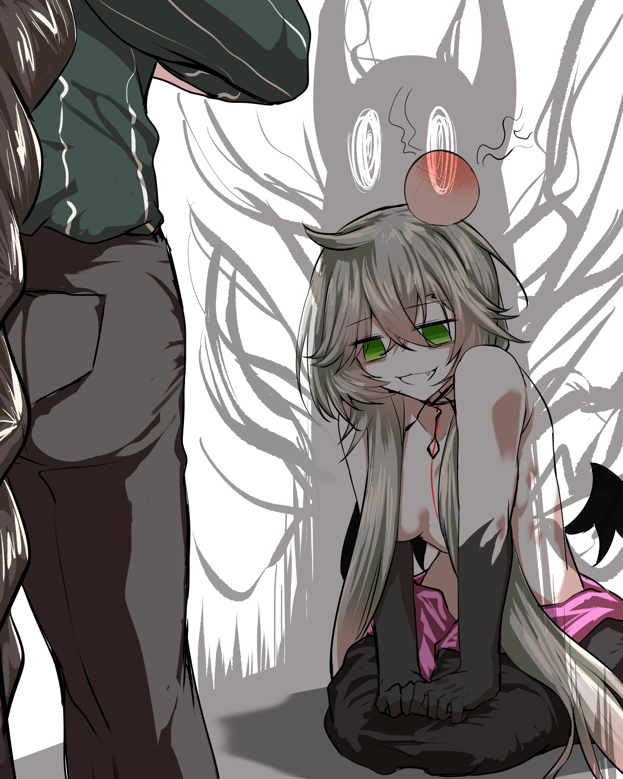 tgxx3300, lilith (fate), lilith (first ascension) (fate), fate/grand order, fate (series), absurdres, highres, 2girls, bat wings, chest tattoo, fang, green eyes, head bump, long hair, multiple girls, pink hair, shadow, tattoo, twintails, white hair, wings
