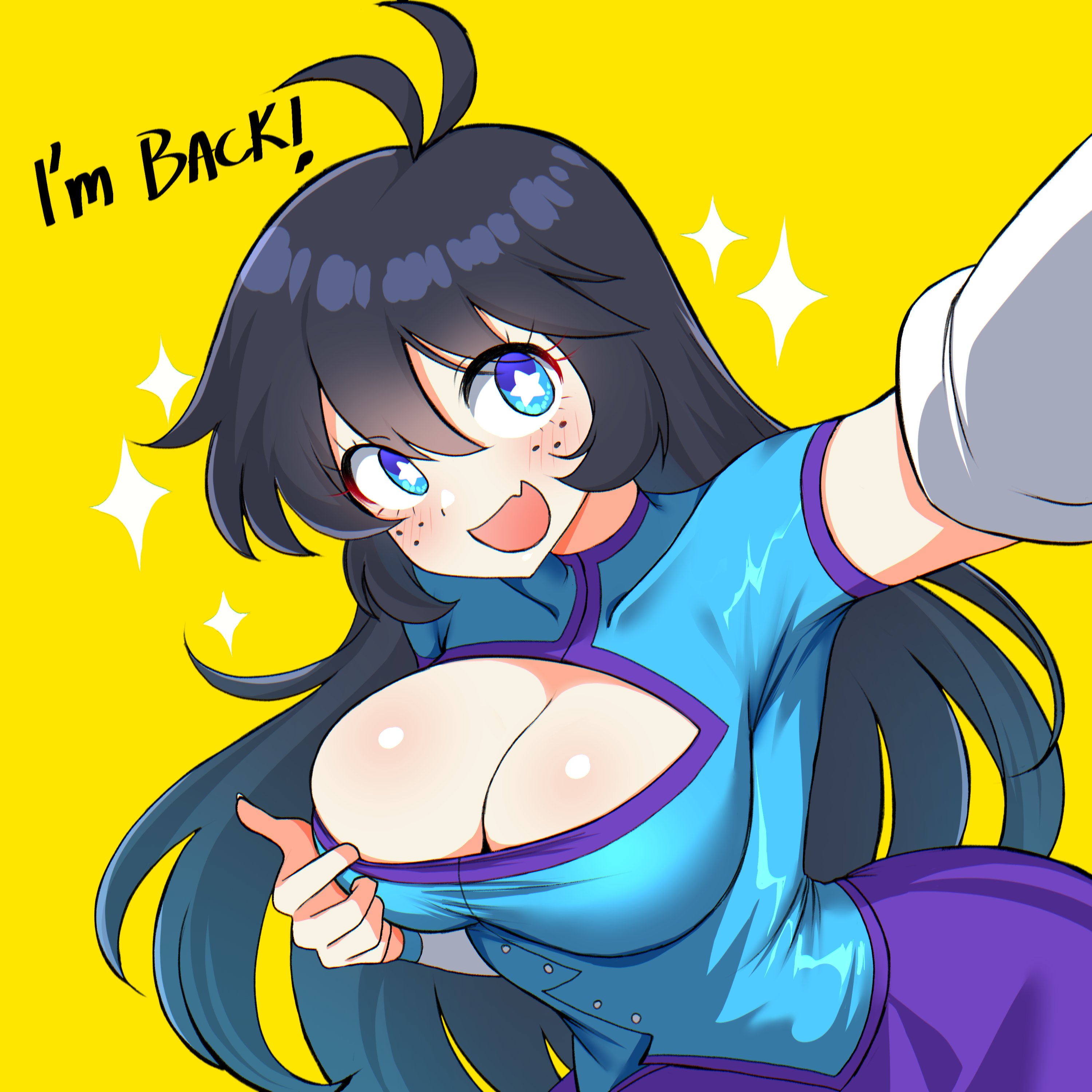 jarckius, yukihana (jarckius), original, absurdres, commentary, english commentary, highres, 1girl, :d, arm out of frame, black hair, blue eyes, blue shirt, blush, breasts, bright pupils, choppy bangs, cleavage, cleavage cutout, clothes pull, clothing cutout, english text, fang, freckles, gloves, gradient hair, hair between eyes, large breasts, long hair, looking at viewer, multicolored hair, open mouth, shirt, shirt pull, short sleeves, simple background, skin fang, smile, solo, sparkle, star-shaped pupils, star (symbol), symbol-shaped pupils, upper body, white gloves, white pupils, yellow background