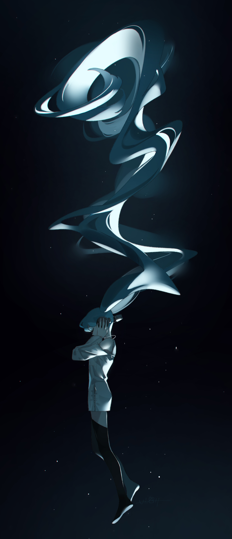 rosa26rana, hatsune miku, vocaloid, commentary, highres, 1girl, absurdly long hair, artist name, bare shoulders, black thighhighs, blue hair, closed eyes, clothing cutout, dark background, dress, floating, floating hair, from side, full body, hands on headphones, hands up, headphones, light particles, long hair, long sleeves, profile, short dress, shoulder cutout, signature, solo, thighhighs, twintails, underlighting, very long hair, white dress