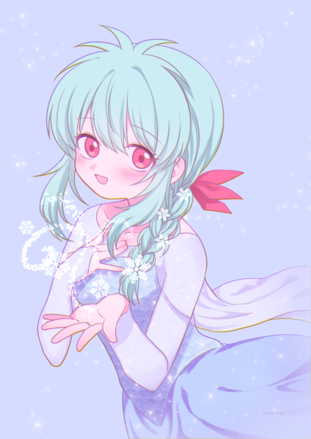 morishi (bearxforest), elsa (frozen), yukina (yu yu hakusho), frozen (disney), yuu yuu hakusho, commentary request, 1girl, alternate costume, alternate hairstyle, blue background, blue cape, blue dress, braid, bridal sleeves, cape, cosplay, cryokinesis, dress, elsa (frozen) (cosplay), green hair, hair over shoulder, hair ribbon, hand on own chest, hands up, light blush, long dress, long hair, long sleeves, outstretched hand, red ribbon, ribbon, sidelocks, single braid, snowflakes, solo, sparkle, upper body