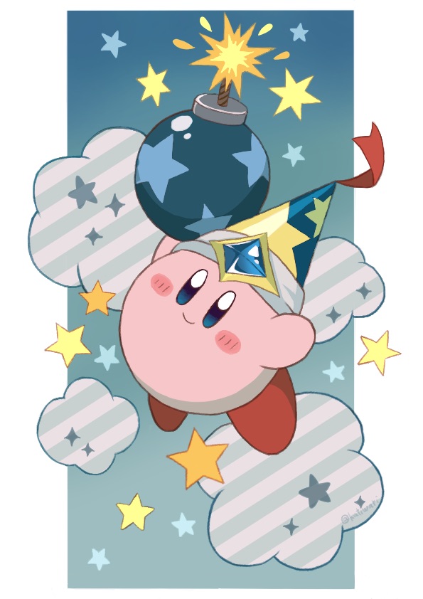 katiwari7293, bomb kirby, kirby, kirby's dream land, kirby (series), nintendo, commentary request, blue eyes, blush, blush stickers, closed mouth, cloud, hat, holding, no humans, smile, solo, star (symbol)
