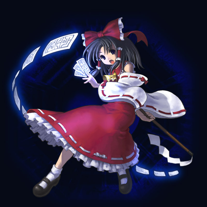 akoto 0000, hakurei reimu, touhou, 1girl, bow, brown eyes, brown hair, detached sleeves, dress, female focus, floating, floating object, full body, gohei, hair bow, long sleeves, looking at viewer, mary janes, ofuda, red bow, red dress, ribbon-trimmed sleeves, ribbon trim, shoes, solo