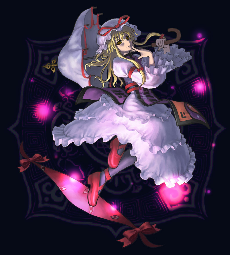 akoto 0000, yakumo yukari, touhou, 1girl, blonde hair, dress, dutch angle, female focus, frills, full body, glowing, hat, leg up, long hair, long sleeves, looking at viewer, magic, mob cap, pink dress, purple eyes, solo, standing, standing on one leg, umbrella, very long hair