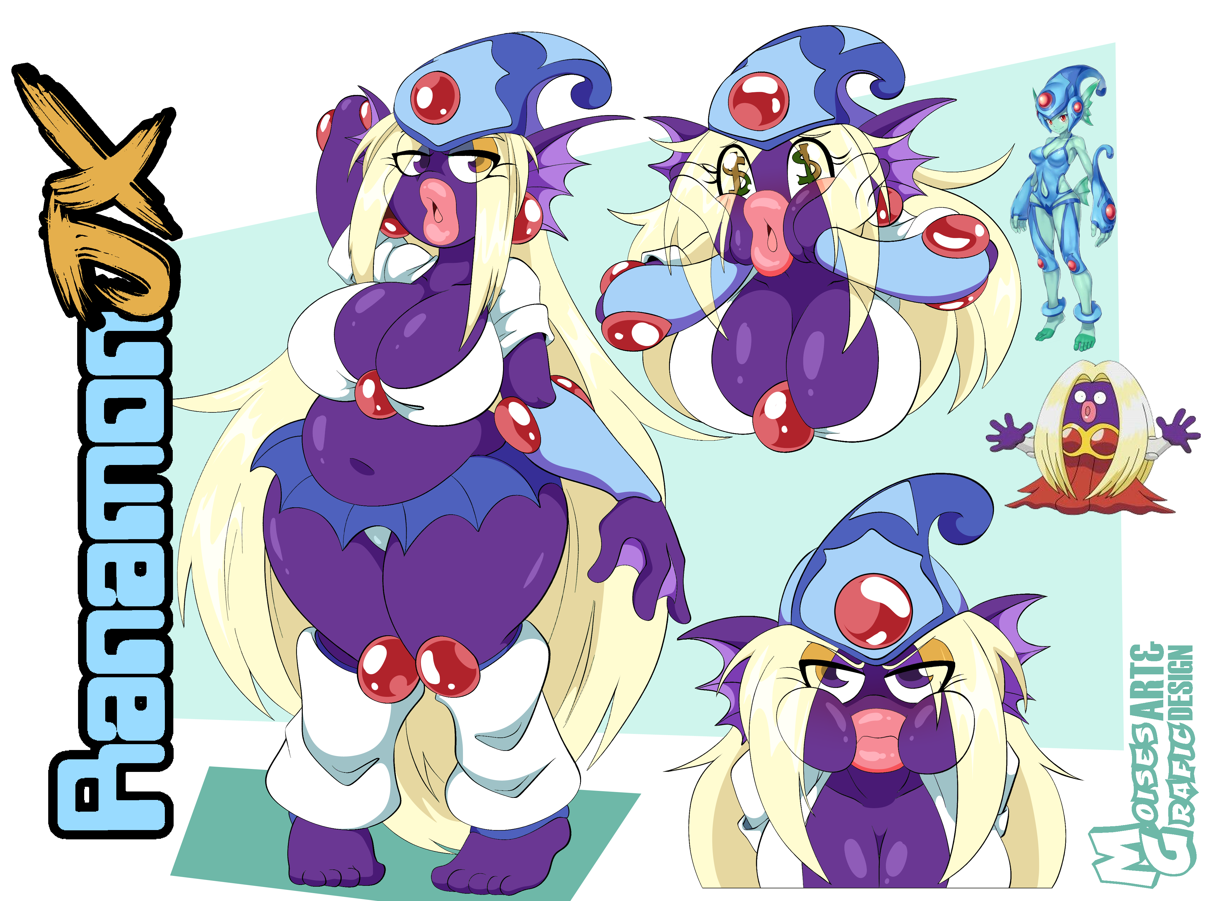 moisesgrafic, jynx, ranamon, digimon, nintendo, pokemon, blonde hair, breasts, fusion, gen 1 pokemon, helmet, long hair, looking at viewer, thick lips