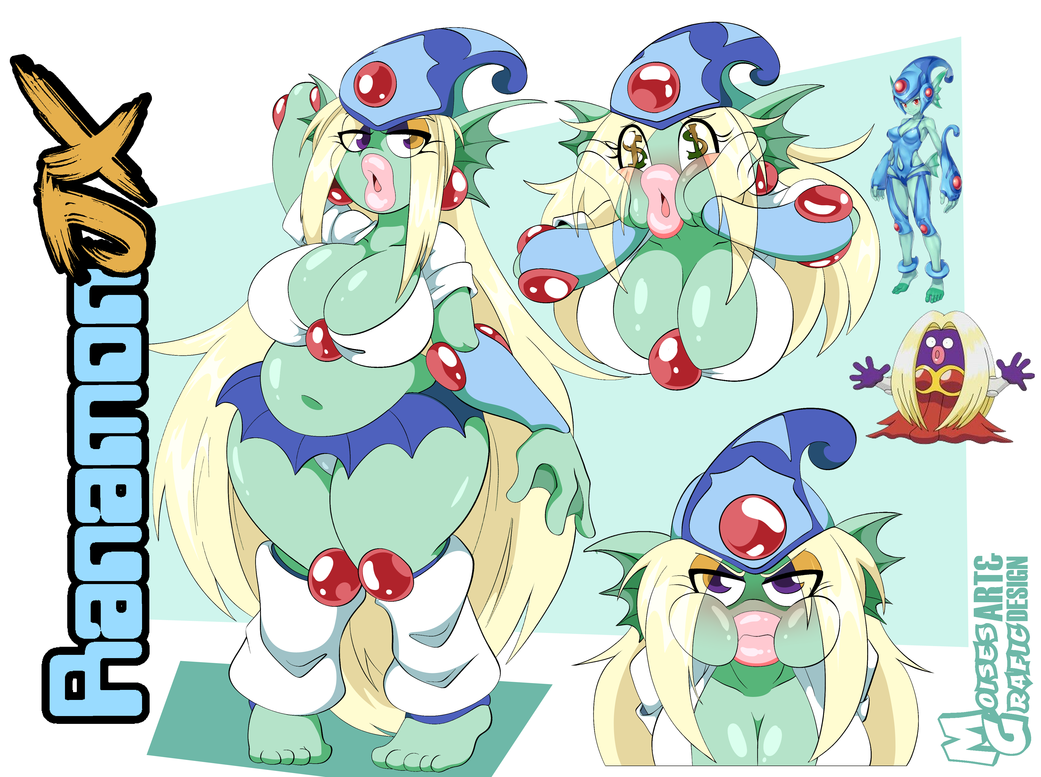 moisesgrafic, jynx, ranamon, digimon, nintendo, pokemon, blonde hair, breasts, fusion, gen 1 pokemon, helmet, long hair, looking at viewer, thick lips