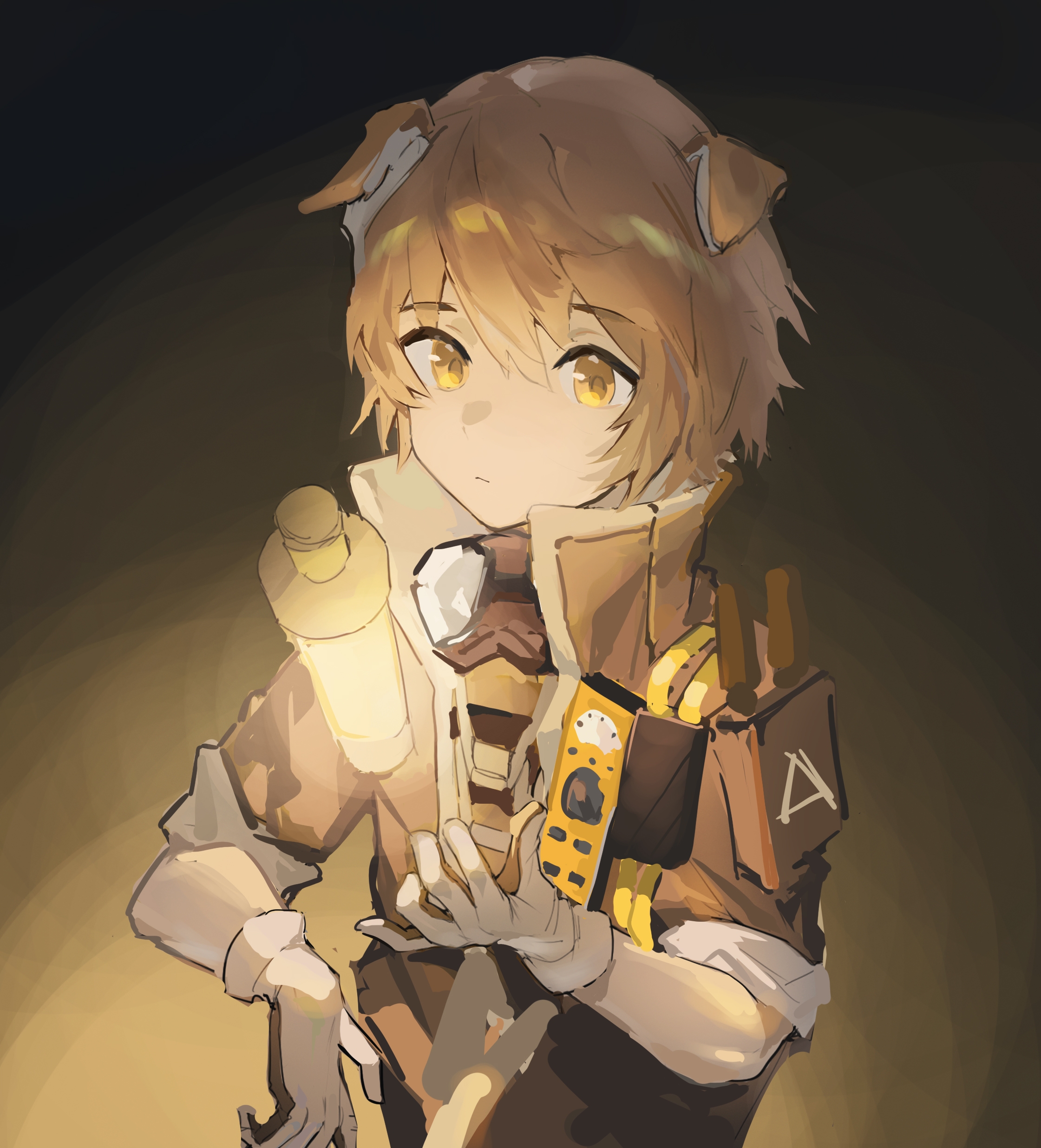 greyy (arknights), greyy the lightningbearer (arknights), arknights, absurdres, highres, 1boy, animal ears, brown hair, brown jacket, collar, collared coat, collared jacket, device, dog boy, dog ears, gloves, goggles, goggles around neck, jacket, lamp, male focus, short-sleeved jacket, short hair, short sleeves, upper body, white gloves, yellow eyes
