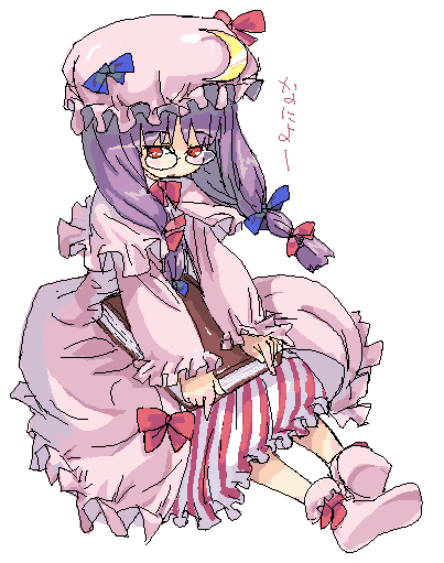 koma (qqq111), patchouli knowledge, touhou, bad id, bad pixiv id, 1girl, bespectacled, book, crescent, female focus, full body, glasses, hair ribbon, hat, long hair, purple hair, ribbon, simple background, sitting, socks, solo