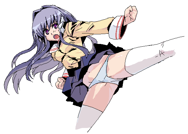 koma (qqq111), fujibayashi kyou, clannad, bad id, bad pixiv id, 00s, 1girl, female focus, high kick, kicking, panties, pantyshot, solo, thighhighs, underwear
