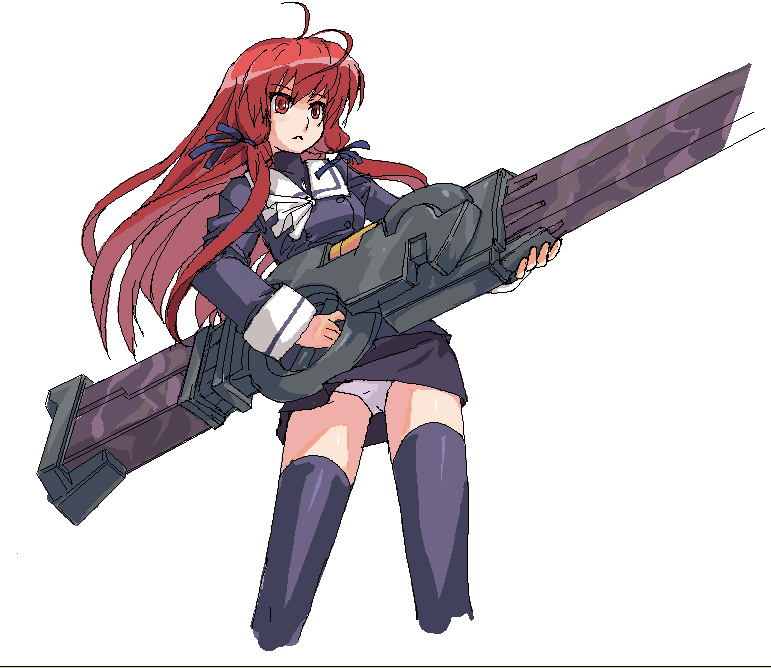koma (qqq111), himuro akari, night wizard, bad id, bad pixiv id, 00s, 1girl, ahoge, female focus, gun, huge weapon, long hair, oekaki, panties, pantyshot, red eyes, red hair, solo, thighhighs, underwear, weapon, zettai ryouiki