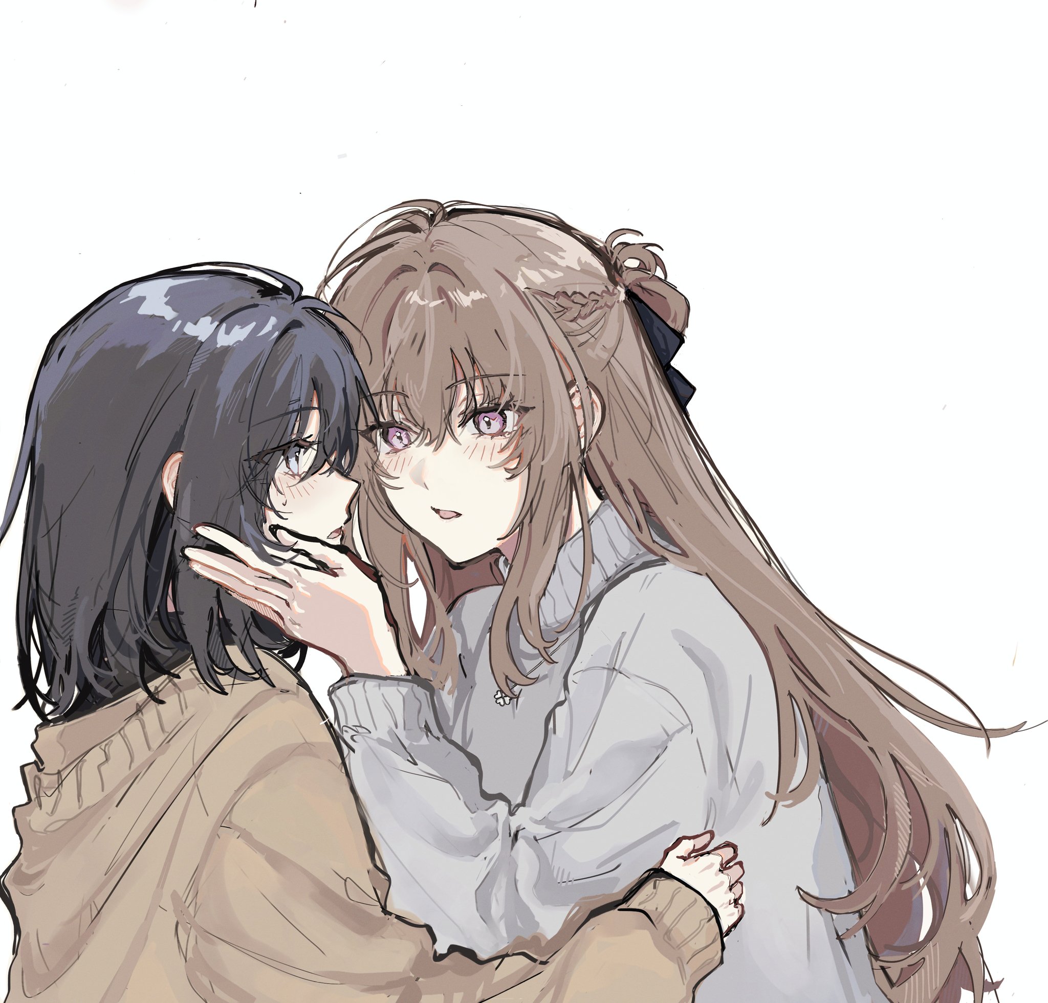 sora owomiya, miyagi shiori, sendai hazuki, shuuniichido classmate wo kau hanashi, commentary, hashtag-only commentary, highres, 2girls, black hair, blush, braid, brown hair, brown sweater, eye contact, grey sweater, half up braid, hand on another's face, jewelry, long hair, long sleeves, looking at another, medium hair, multiple girls, necklace, parted lips, purple eyes, simple background, sweater, white background, yuri