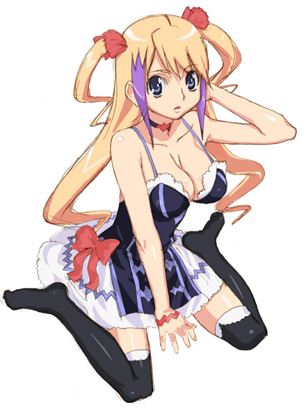 hirose (mokiki), jacqueline baumgold, dragonaut, 00s, 1girl, breasts, choker, cleavage, female focus, large breasts, multicolored hair, solo, thighhighs, two-tone hair, zettai ryouiki