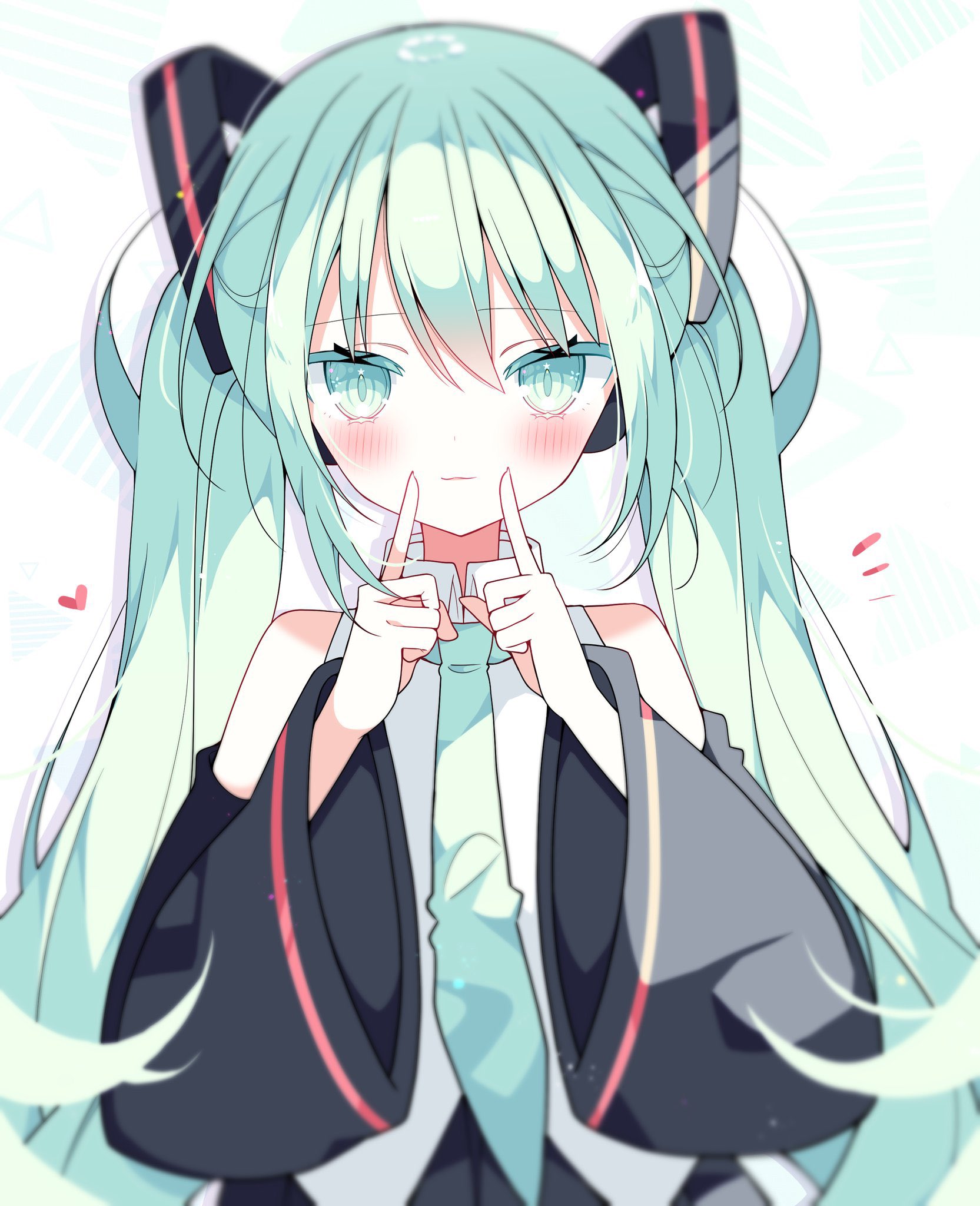 suisei 1121, hatsune miku, vocaloid, commentary, highres, 1girl, bare shoulders, black ribbon, black skirt, black sleeves, blurry, blush, closed mouth, collared shirt, depth of field, detached sleeves, fingers to cheeks, green eyes, green hair, green necktie, hair between eyes, hair ribbon, hands up, heart, index fingers raised, light smile, long hair, long sleeves, looking at viewer, necktie, ribbon, shirt, simple background, skirt, sleeveless, sleeveless shirt, solo, straight-on, twintails, upper body, very long hair, white background, white shirt, wide sleeves