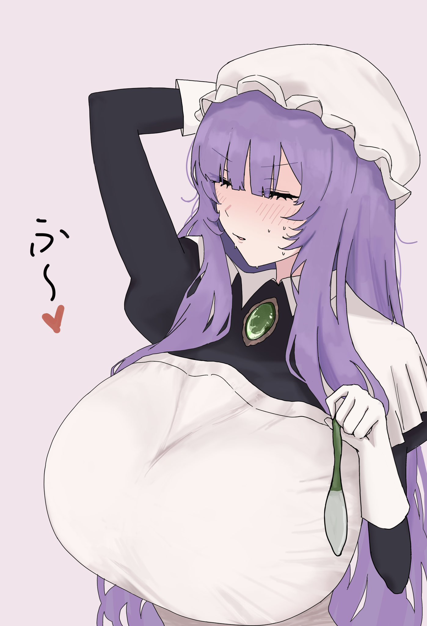 aremen, francoise (eurasia), original, commentary request, highres, 1girl, apron, arm up, black dress, blunt bangs, blush, borrowed character, breasts, closed eyes, condom, cum, dress, frilled headwear, gloves, green brooch, hand on own head, hat, heart, holding, holding condom, huge breasts, juliet sleeves, long hair, long sleeves, mob cap, puffy sleeves, purple hair, simple background, solo, sweat, upper body, used condom, v-shaped eyebrows, white apron, white gloves, white hat