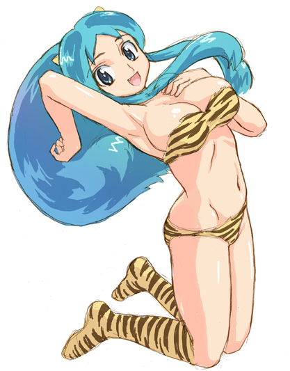 hirose (mokiki), lum, urusei yatsura, 1girl, animal print, bikini, blue eyes, blue hair, breasts, cleavage, cone horns, fang, female focus, full body, horns, large breasts, long hair, matching hair/eyes, simple background, solo, swimsuit, tiger print, white background, yellow bikini, yellow horns