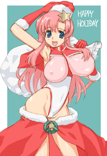 hirose (mokiki), meer campbell, gundam, gundam seed, gundam seed destiny, 00s, 1girl, breasts, christmas, female focus, hair ornament, hat, highleg, huge breasts, leotard, santa costume, santa hat, solo, star (symbol), star hair ornament