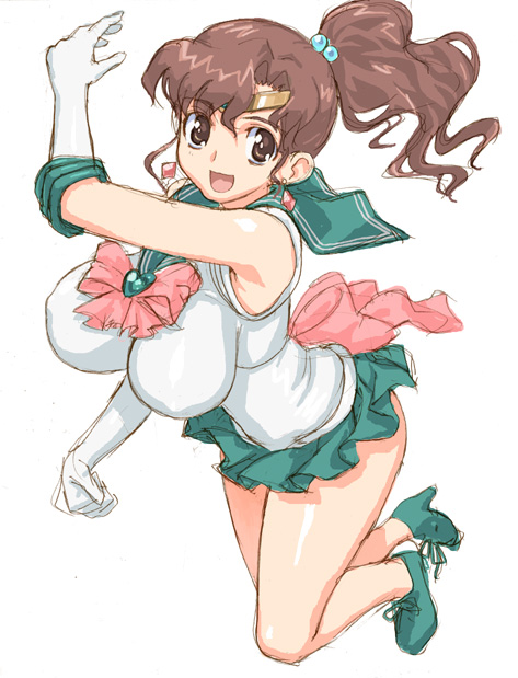 hirose (mokiki), kino makoto, sailor jupiter, super sailor jupiter, bishoujo senshi sailor moon, 1990s (style), 1girl, bare legs, boots, bow, breasts, brooch, brown eyes, brown hair, earrings, elbow gloves, female focus, full body, gloves, green boots, green skirt, hair bobbles, hair ornament, heart, heart brooch, impossible clothes, impossible shirt, jewelry, large breasts, magical girl, miniskirt, pink bow, ponytail, retro artstyle, shirt, skirt, solo, tiara, white background, white gloves