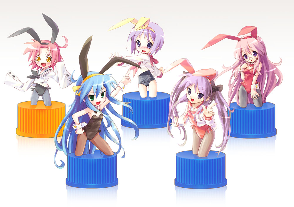 katahira masashi, hiiragi kagami, hiiragi tsukasa, izumi konata, kogami akira, takara miyuki, lucky star, saturday night fever, 00s, 5girls, animal ears, fake animal ears, glasses, long sleeves, mole, mole under eye, multiple girls, no pants, one-piece swimsuit, pantyhose, pixiv bottlecap, playboy bunny, rabbit ears, school swimsuit, siblings, sisters, swimsuit, swimsuit under clothes, twins