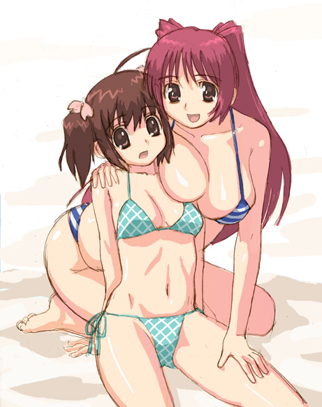 hirose (mokiki), kousaka tamaki, yuzuhara konomi, to heart (series), to heart 2, 00s, 2girls, ahoge, arm at side, arm behind back, arm support, bare arms, bare legs, bare shoulders, barefoot, beach, bikini, breast press, breast rest, breasts, brown eyes, brown hair, cleavage, collarbone, eyebrows hidden by hair, eyes visible through hair, hair between eyes, hair ribbon, hand on another's shoulder, hand on another's thigh, large breasts, long hair, midriff, multiple girls, navel, open mouth, outdoors, red hair, ribbon, sand, short hair, side-tie bikini bottom, sitting, small breasts, smile, striped bikini, striped clothes, swimsuit, thick thighs, thighs, twintails, yuri