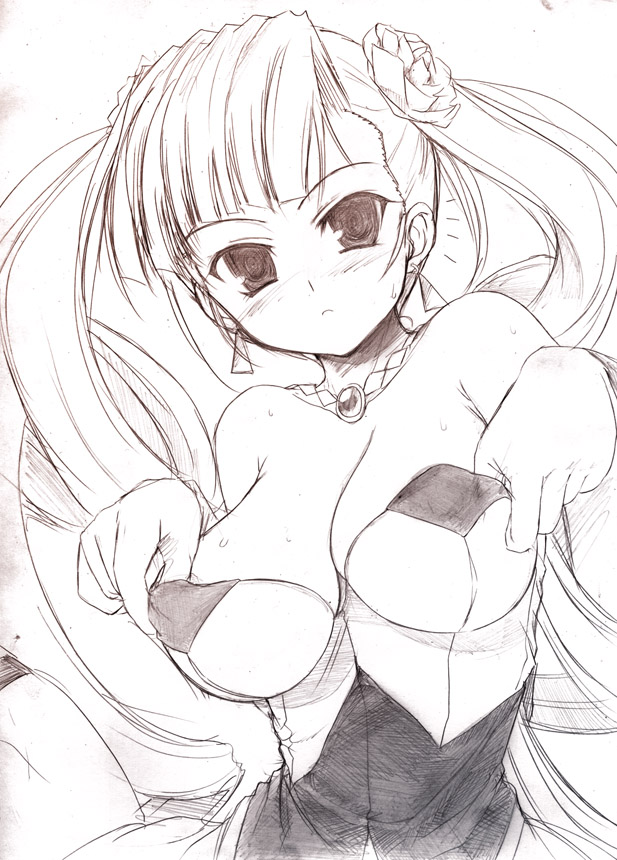 asaga aoi, petra johanna lagerkvist, aq interactive, arcana heart, arcana heart 2, atlus, examu, 1girl, ^^^, areola slip, bare shoulders, blush, breasts, cleavage, clothes pull, dress, dress pull, drill hair, earrings, embarrassed, female focus, flower, frown, greyscale, hair flower, hair ornament, jewelry, large breasts, long hair, monochrome, necklace, no bra, pendant, pulling own clothes, rose, simple background, sketch, solo, surprised, sweat, twin drills, twintails, undressing, very long hair