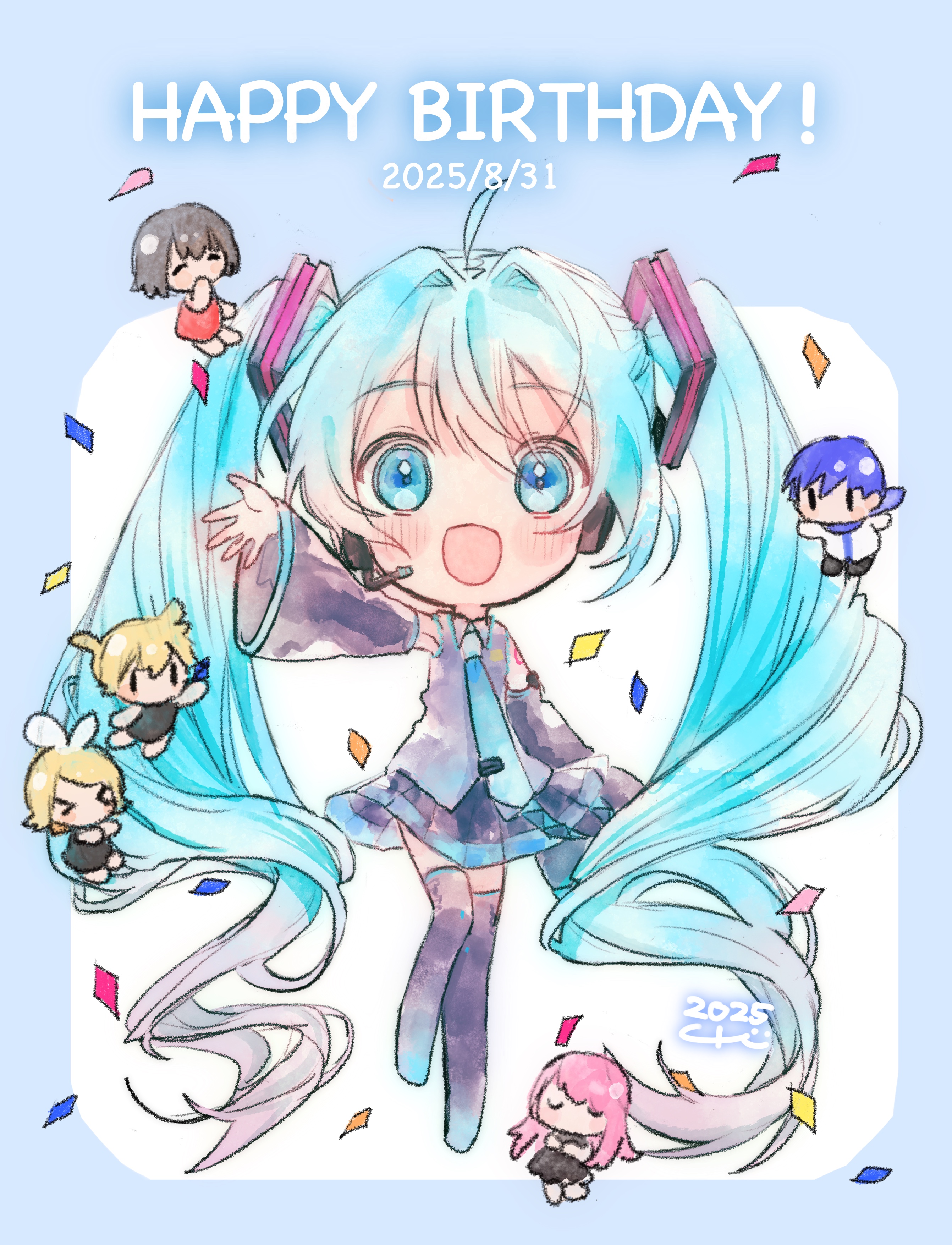 kurebe, hatsune miku, kagamine len, kagamine rin, kaito (vocaloid), megurine luka, meiko (vocaloid), vocaloid, absurdres, commentary request, highres, 2boys, 4girls, :d, absurdly long hair, ahoge, arm up, armpits, black boots, black skirt, black sleeves, blue boots, blue border, blue eyes, blue hair, blue necktie, blue trim, blush stickers, boots, border, chibi, collared shirt, confetti, dated, detached sleeves, double-parted bangs, floating clothes, floating headgear, full body, gradient boots, gradient hair, grey shirt, hair intakes, happy birthday, headgear, headphones, headset, long hair, long sleeves, looking at viewer, miniskirt, multicolored hair, multiple boys, multiple girls, necktie, open mouth, outside border, outstretched arm, pink hair, pleated skirt, raised eyebrows, shirt, simple background, skirt, sleeveless, sleeveless shirt, smile, standing, standing on one leg, thigh boots, twintails, very long hair, white background, wide sleeves