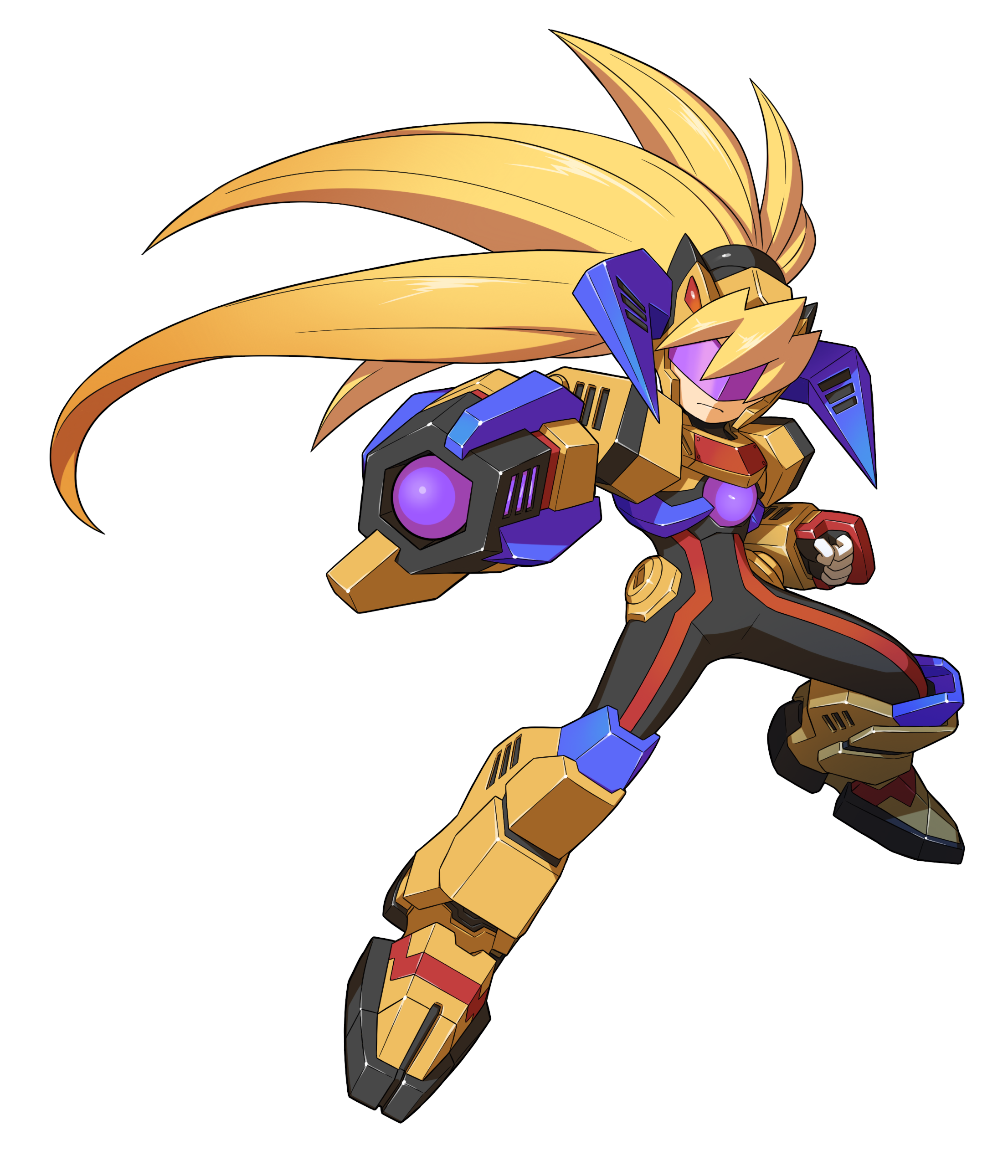 tomycase, ciel (mega man), mega man (series), mega man zero (series), mega man zx, absurdres, highres, non-web source, aiming, aiming at viewer, alternate costume, arm cannon, armor, armored boots, armored gloves, assault visor, biometal, blonde hair, body armor, bodystocking, boots, breasts, chest jewel, elbow gloves, full body, gauntlets, gloves, helio breaker, helmet, horns, knee armor, knee boots, light frown, long bangs, long hair, mechanical horns, ponytail, shoulder armor, small breasts, solo, thighs, transparent background, weapon