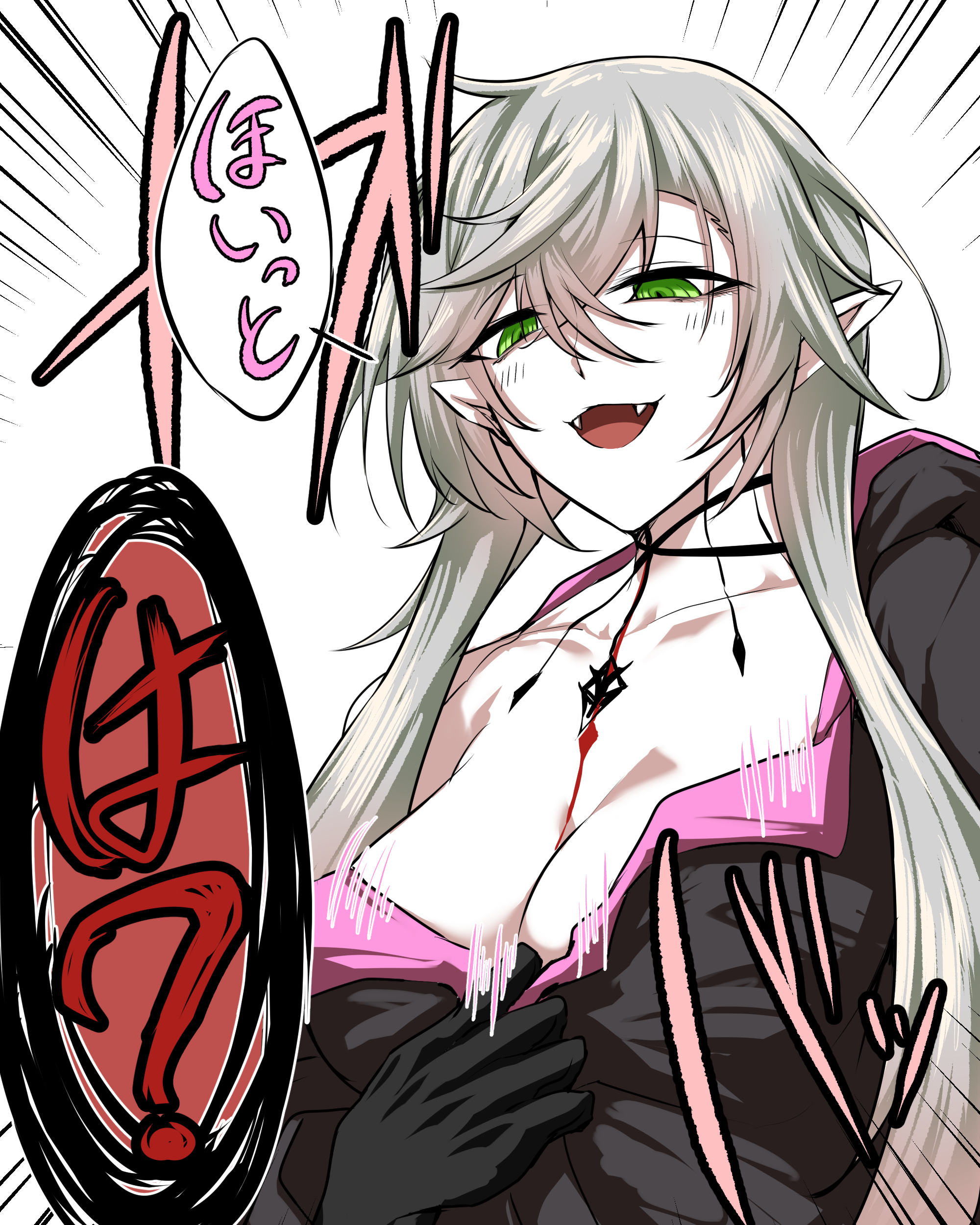 tgxx3300, lilith (fate), lilith (first ascension) (fate), fate/grand order, fate (series), absurdres, highres, breasts, chest tattoo, fangs, green eyes, large breasts, long hair, looking at viewer, open mouth, pink hair, pointy ears, smile, solo, speech bubble, tattoo, twintails, white hair